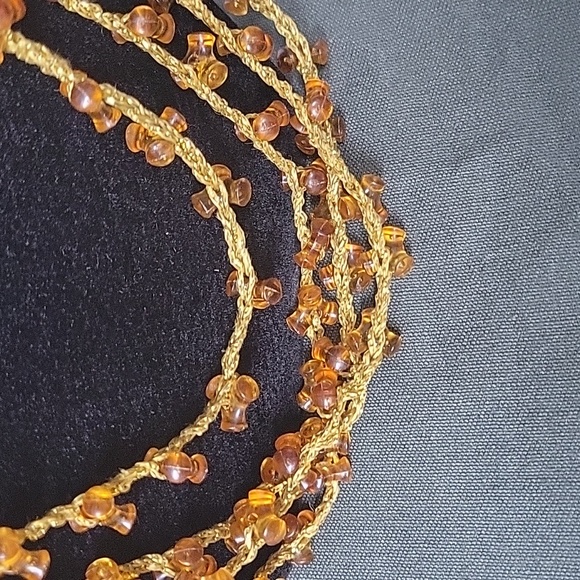 Beaded Sweater Necklace. Amber Plastic Beads. Delicate Gold Metallic Threads 47" - Picture 5 of 8